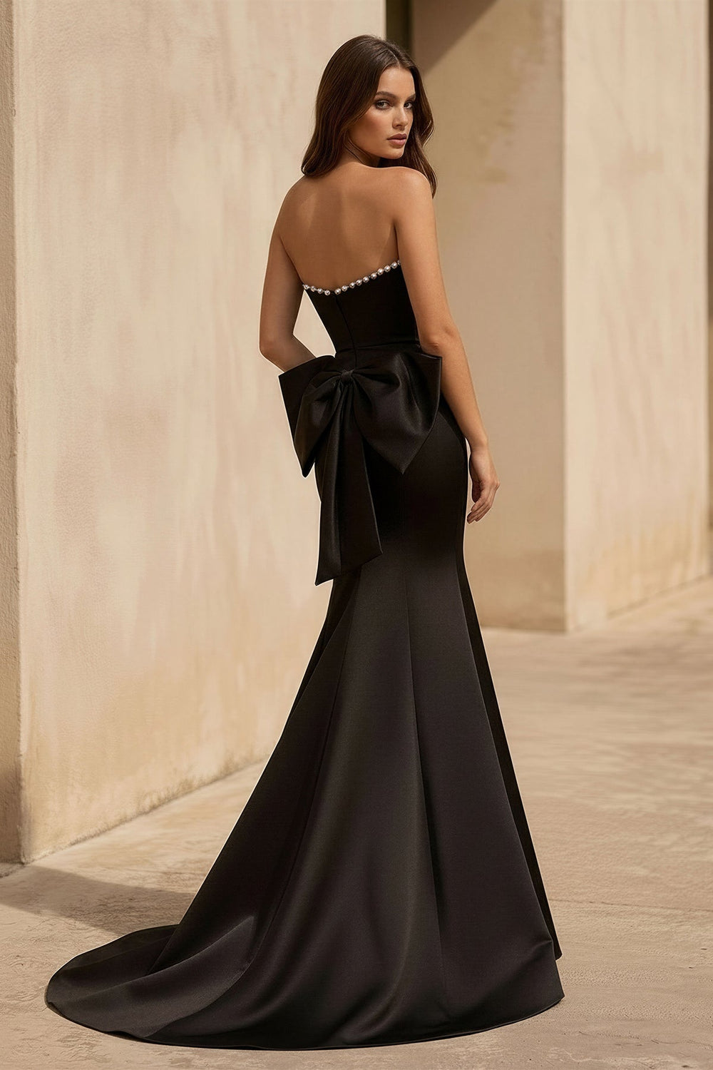 Mermaid Bow Gown With Pearls in Black - SHE IS ME