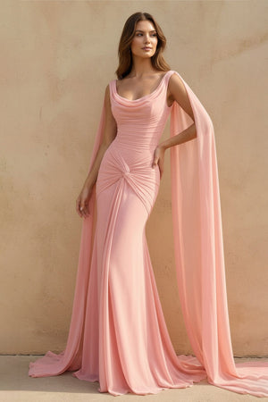 Mermaid Cape Sleeves Gown in Pink - SHE IS ME
