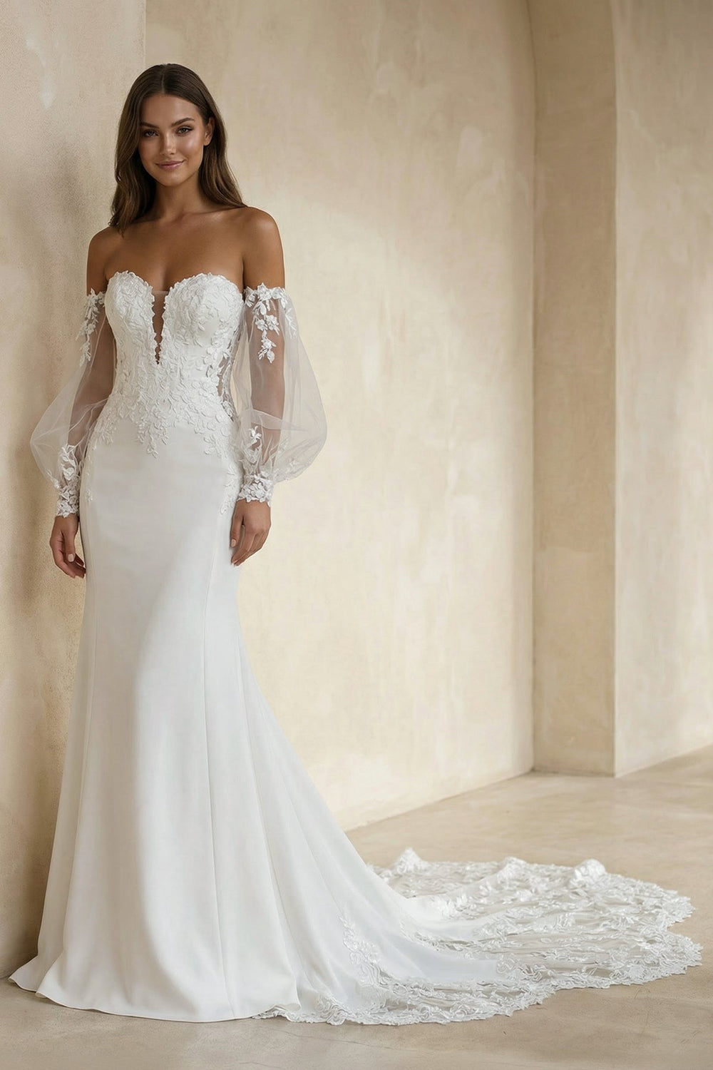 Mermaid Chiffon Tulle Wedding Dress with Appliques in White - SHE IS ME Wedding Dresses