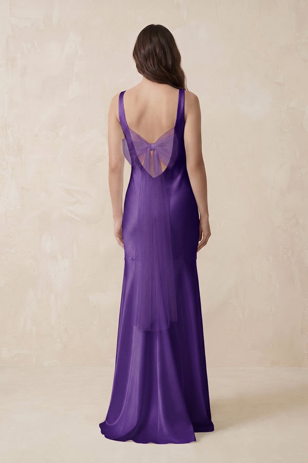 Mermaid Cowl Neck Satin Bridesmaid Dress with Bow in Amethyst - SHE IS ME Bridesmaid Dresses