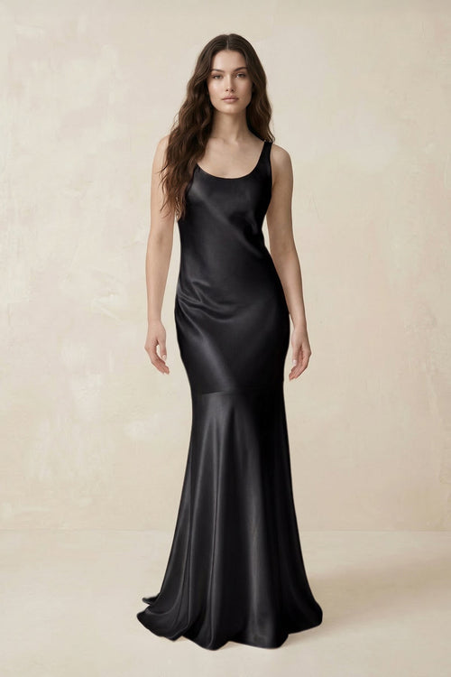 Mermaid Cowl Neck Satin Bridesmaid Dress with Bow in Black - SHE IS ME Bridesmaid Dresses