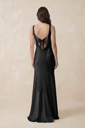 Mermaid Cowl Neck Satin Bridesmaid Dress with Bow in Black - SHE IS ME Bridesmaid Dresses