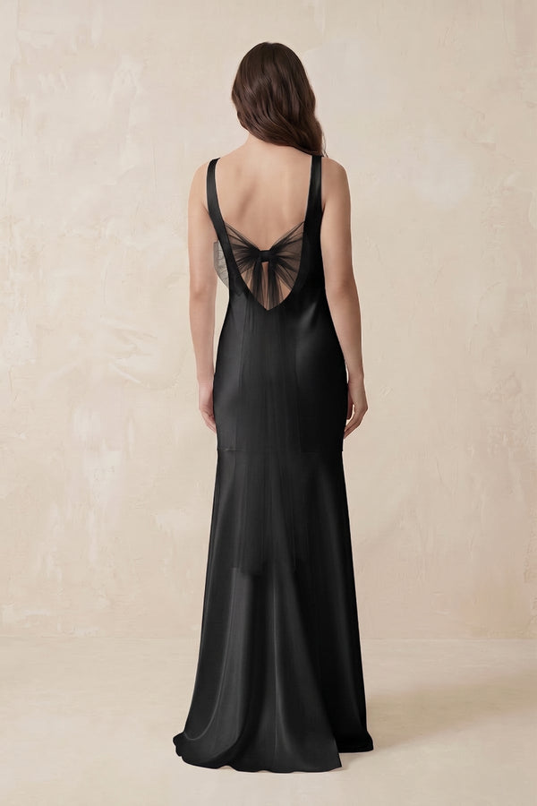 Mermaid Cowl Neck Satin Bridesmaid Dress with Bow in Black - SHE IS ME Bridesmaid Dresses