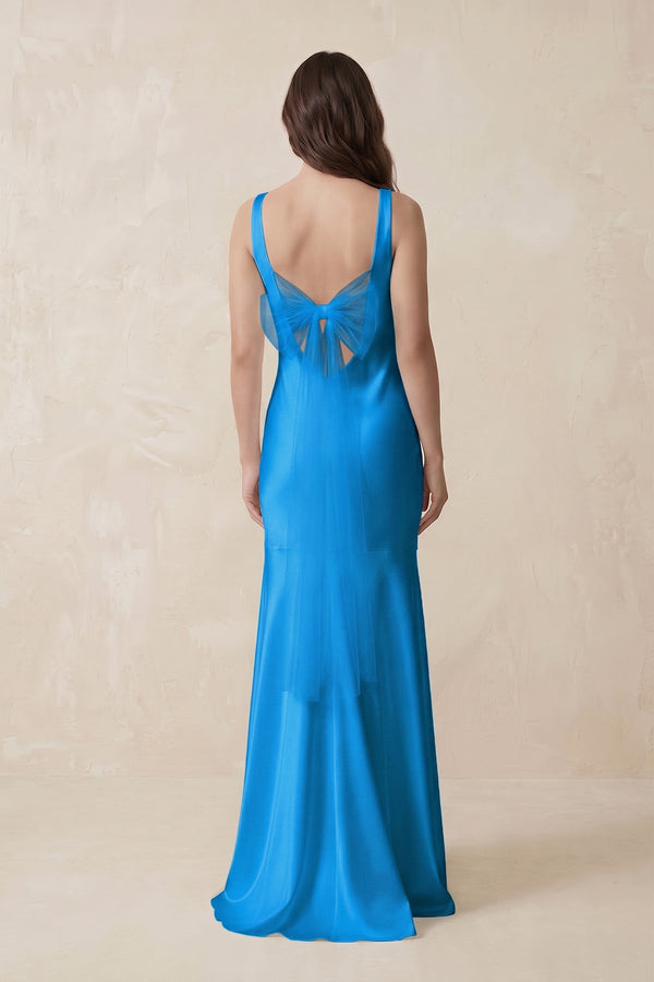 Mermaid Cowl Neck Satin Bridesmaid Dress with Bow in Blue Jay - SHE IS ME Bridesmaid Dresses