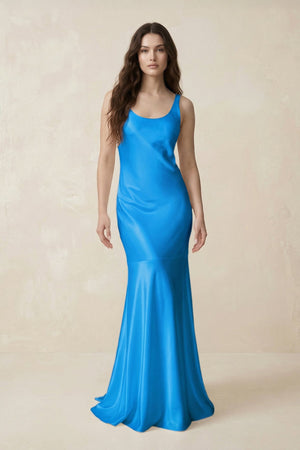 Mermaid Cowl Neck Satin Bridesmaid Dress with Bow in Blue Jay - SHE IS ME Bridesmaid Dresses