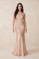 Mermaid Cowl Neck Satin Bridesmaid Dress with Bow in Champagne Rose - SHE IS ME Bridesmaid Dresses
