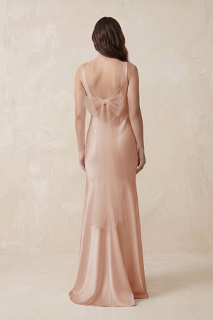 Mermaid Cowl Neck Satin Bridesmaid Dress with Bow in Champagne Rose - SHE IS ME Bridesmaid Dresses