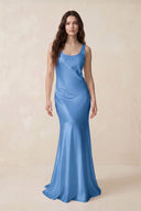 Mermaid Cowl Neck Satin Bridesmaid Dress with Bow in Dusty Blue - SHE IS ME Bridesmaid Dresses