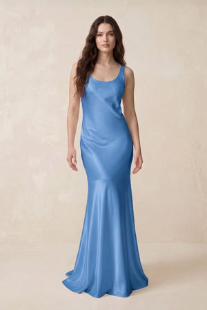 Mermaid Cowl Neck Satin Bridesmaid Dress with Bow in Dusty Blue - SHE IS ME Bridesmaid Dresses