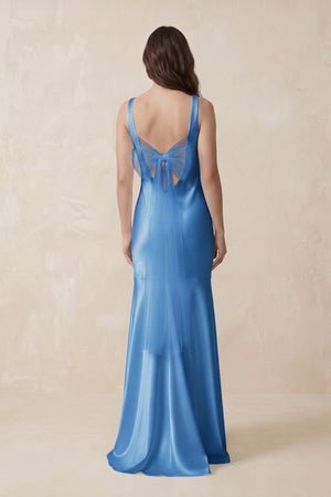 Mermaid Cowl Neck Satin Bridesmaid Dress with Bow in Dusty Blue - SHE IS ME Bridesmaid Dresses