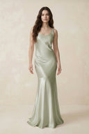 Mermaid Cowl Neck Satin Bridesmaid Dress with Bow in Frost - SHE IS ME Bridesmaid Dresses