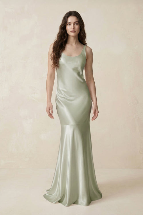 Mermaid Cowl Neck Satin Bridesmaid Dress with Bow in Frost - SHE IS ME Bridesmaid Dresses