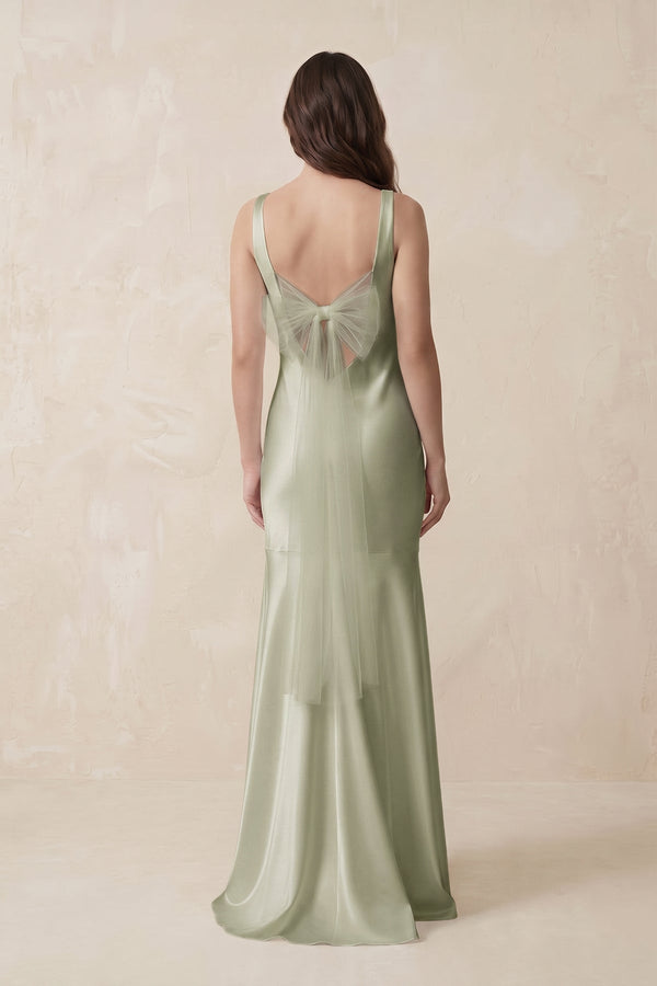 Mermaid Cowl Neck Satin Bridesmaid Dress with Bow in Frost - SHE IS ME Bridesmaid Dresses