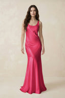 Mermaid Cowl Neck Satin Bridesmaid Dress with Bow in Fuchsia - SHE IS ME Bridesmaid Dresses