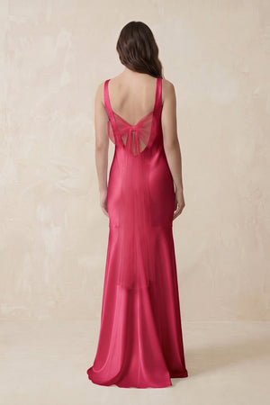 Mermaid Cowl Neck Satin Bridesmaid Dress with Bow in Fuchsia - SHE IS ME Bridesmaid Dresses