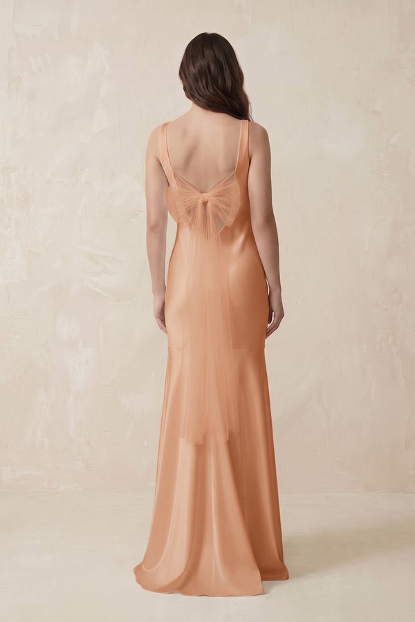 Mermaid Cowl Neck Satin Bridesmaid Dress with Bow in Golden Champagne - SHE IS ME Bridesmaid Dresses