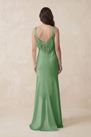 Mermaid Cowl Neck Satin Bridesmaid Dress with Bow in Matcha - SHE IS ME Bridesmaid Dresses