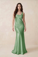 Mermaid Cowl Neck Satin Bridesmaid Dress with Bow in Matcha - SHE IS ME Bridesmaid Dresses