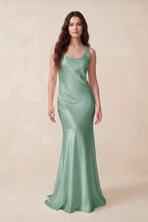 Mermaid Cowl Neck Satin Bridesmaid Dress with Bow in Mint Green - SHE IS ME Bridesmaid Dresses