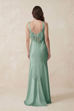 Mermaid Cowl Neck Satin Bridesmaid Dress with Bow in Mint Green - SHE IS ME Bridesmaid Dresses