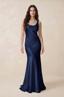 Mermaid Cowl Neck Satin Bridesmaid Dress with Bow in Navy - SHE IS ME Bridesmaid Dresses
