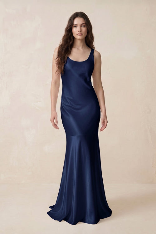 Mermaid Cowl Neck Satin Bridesmaid Dress with Bow in Navy - SHE IS ME Bridesmaid Dresses