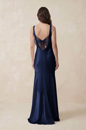 Mermaid Cowl Neck Satin Bridesmaid Dress with Bow in Navy - SHE IS ME Bridesmaid Dresses
