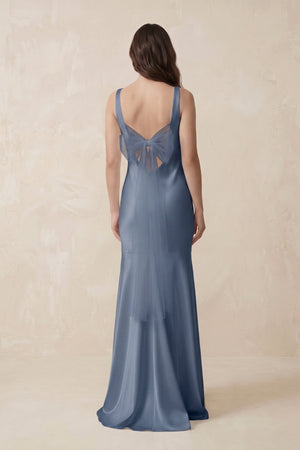 Mermaid Cowl Neck Satin Bridesmaid Dress with Bow in Neptune - SHE IS ME Bridesmaid Dresses