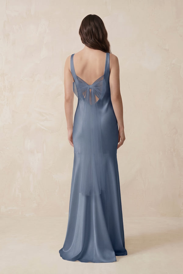 Mermaid Cowl Neck Satin Bridesmaid Dress with Bow in Neptune - SHE IS ME Bridesmaid Dresses