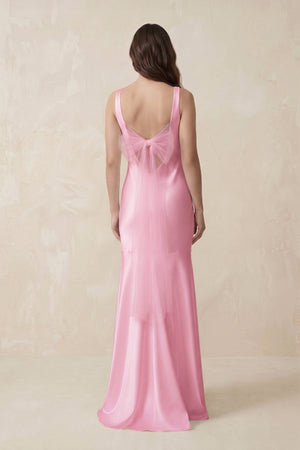 Mermaid Cowl Neck Satin Bridesmaid Dress with Bow in Pink - SHE IS ME Bridesmaid Dresses