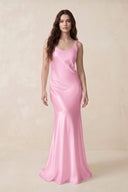 Mermaid Cowl Neck Satin Bridesmaid Dress with Bow in Pink - SHE IS ME Bridesmaid Dresses
