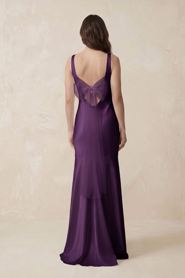 Mermaid Cowl Neck Satin Bridesmaid Dress with Bow in Plum - SHE IS ME Bridesmaid Dresses