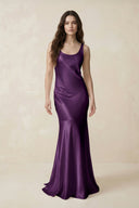 Mermaid Cowl Neck Satin Bridesmaid Dress with Bow in Plum - SHE IS ME Bridesmaid Dresses