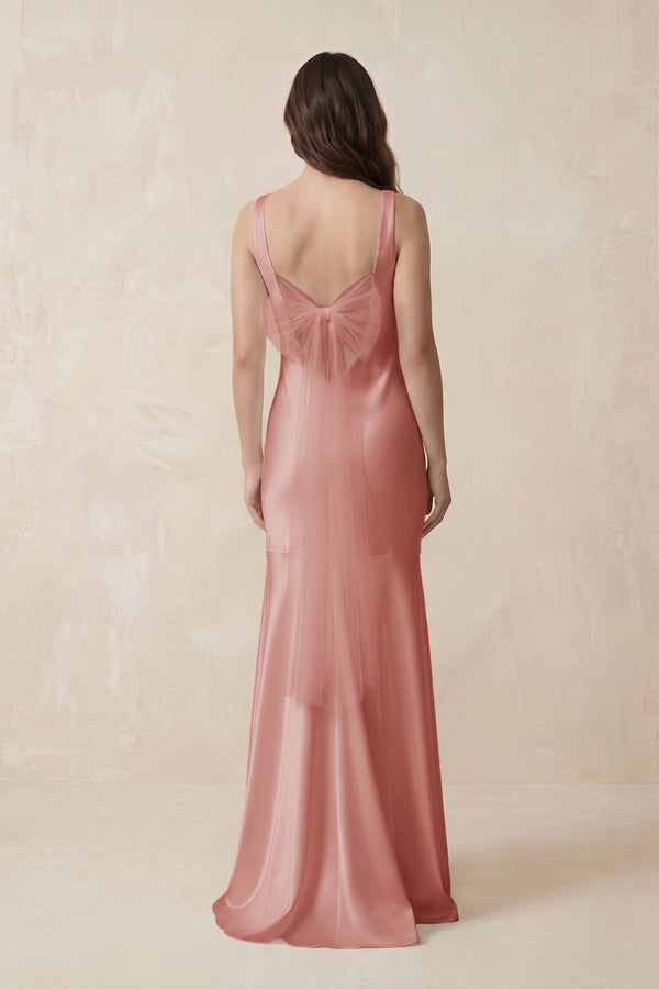 Mermaid Cowl Neck Satin Bridesmaid Dress with Bow in Rose Petal - SHE IS ME Bridesmaid Dresses