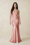 Mermaid Cowl Neck Satin Bridesmaid Dress with Bow in Rose Petal - SHE IS ME Bridesmaid Dresses