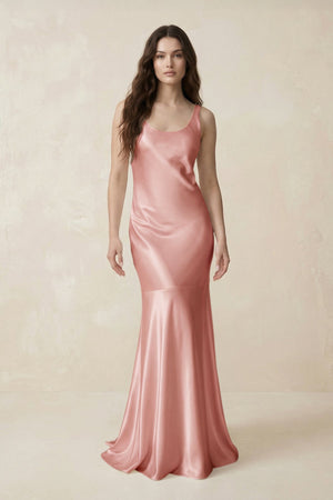 Mermaid Cowl Neck Satin Bridesmaid Dress with Bow in Rose Petal - SHE IS ME Bridesmaid Dresses