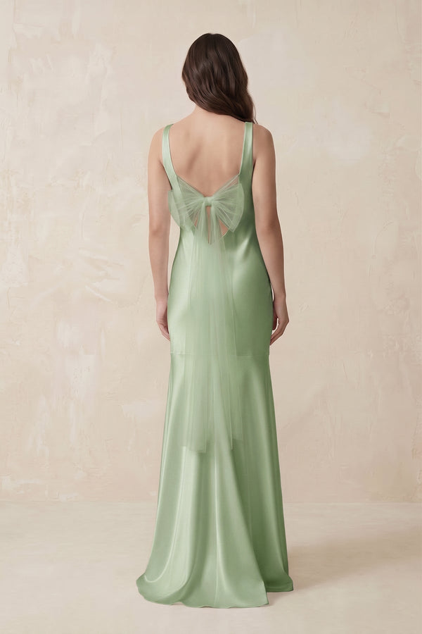 Mermaid Cowl Neck Satin Bridesmaid Dress with Bow in Sage - SHE IS ME Bridesmaid Dresses