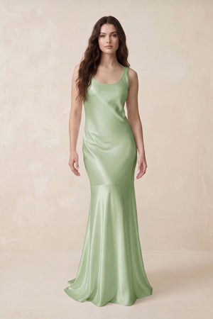 Mermaid Cowl Neck Satin Bridesmaid Dress with Bow in Sage - SHE IS ME Bridesmaid Dresses