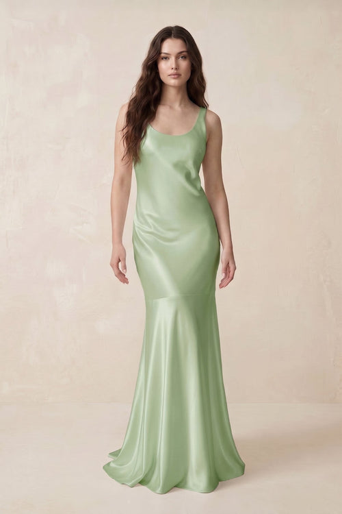 Mermaid Cowl Neck Satin Bridesmaid Dress with Bow in Sage - SHE IS ME Bridesmaid Dresses