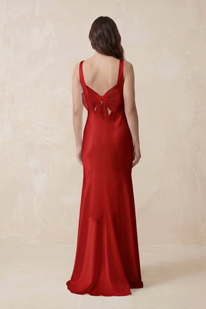 Mermaid Cowl Neck Satin Bridesmaid Dress with Bow in Spice - SHE IS ME Bridesmaid Dresses