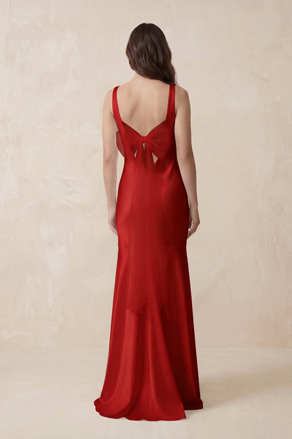 Mermaid Cowl Neck Satin Bridesmaid Dress with Bow in Spice - SHE IS ME Bridesmaid Dresses