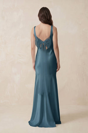 Mermaid Cowl Neck Satin Bridesmaid Dress with Bow in Twilight - SHE IS ME Bridesmaid Dresses