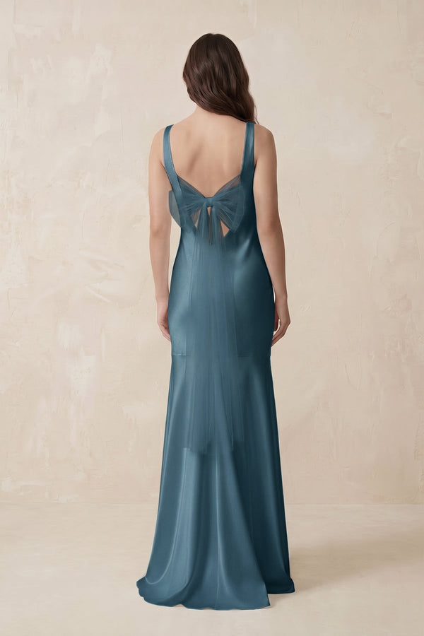 Mermaid Cowl Neck Satin Bridesmaid Dress with Bow in Twilight - SHE IS ME Bridesmaid Dresses