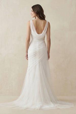 Mermaid Cowl Neck Tulle Wedding Dress in White - SHE IS ME Wedding Dresses