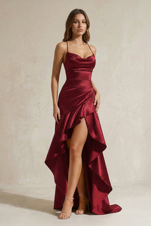 Mermaid High - Low Satin Ruffled Long Prom Dress in Burgundy - SHE IS ME Prom Dresses