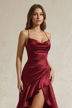 Mermaid High - Low Satin Ruffled Long Prom Dress in Burgundy - SHE IS ME Prom Dresses