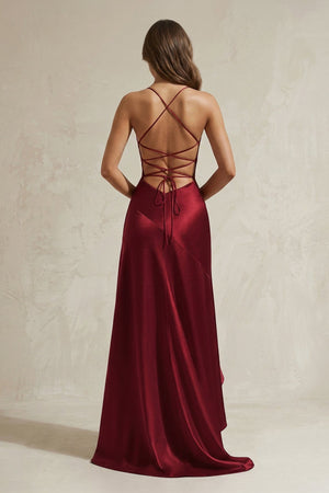 Mermaid High - Low Satin Ruffled Long Prom Dress in Burgundy - SHE IS ME Prom Dresses