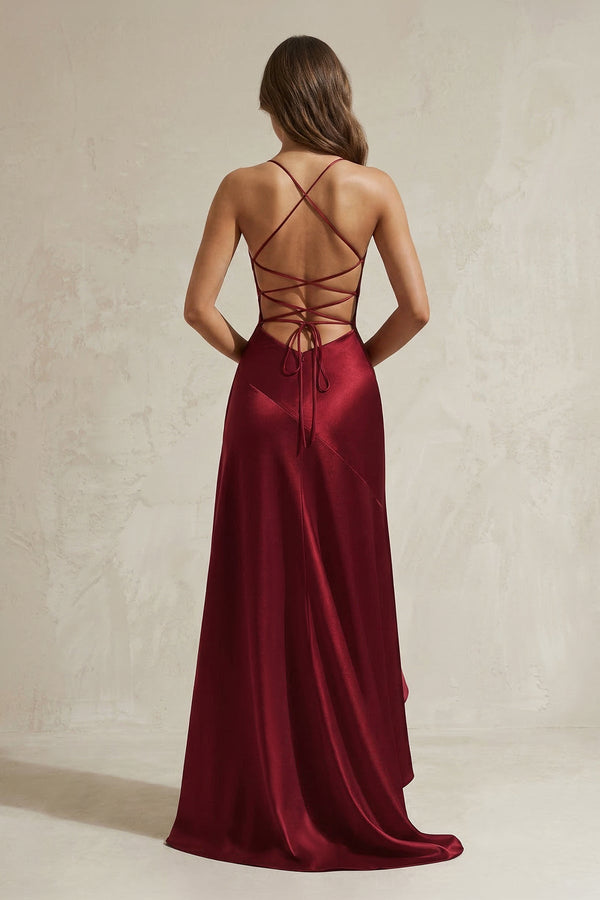 Mermaid High - Low Satin Ruffled Long Prom Dress in Burgundy - SHE IS ME Prom Dresses