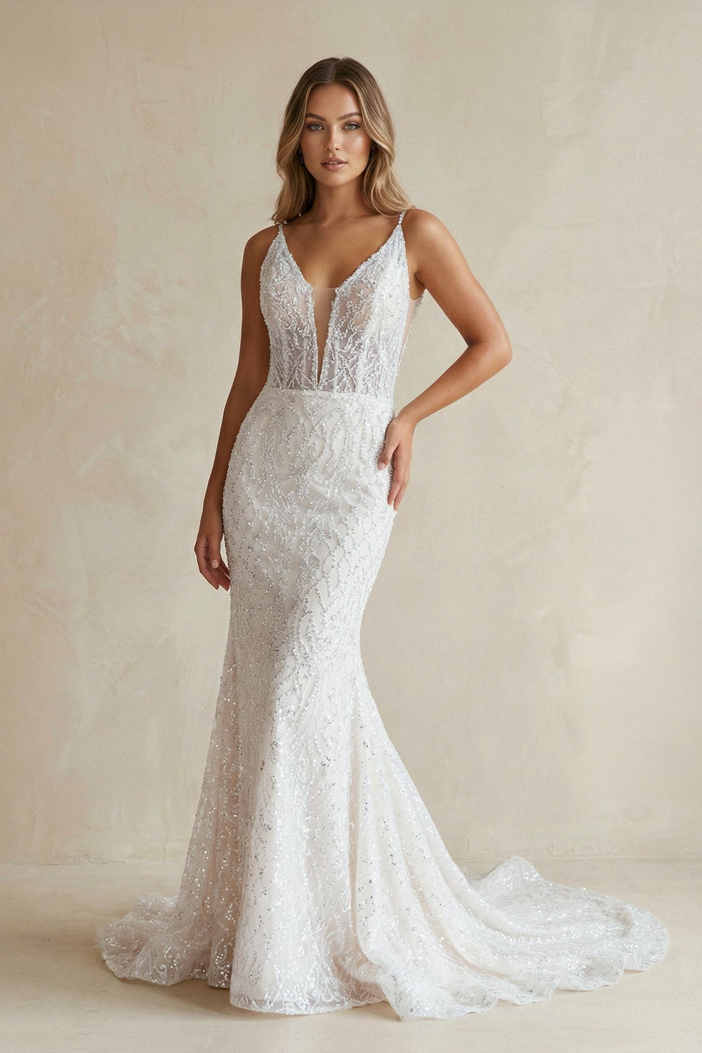 Mermaid Lace Deep V Long Wedding Dress in Ivory - SHE IS ME Wedding Dresses