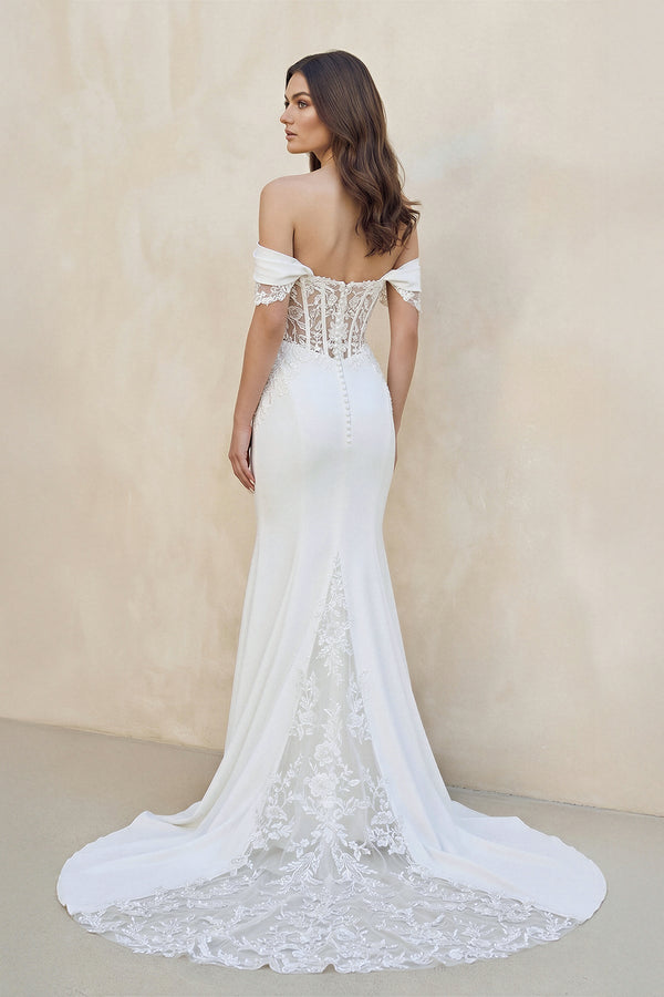 Mermaid Lace Off The Shoulder Wedding Dress in White - SHE IS ME Wedding Dresses